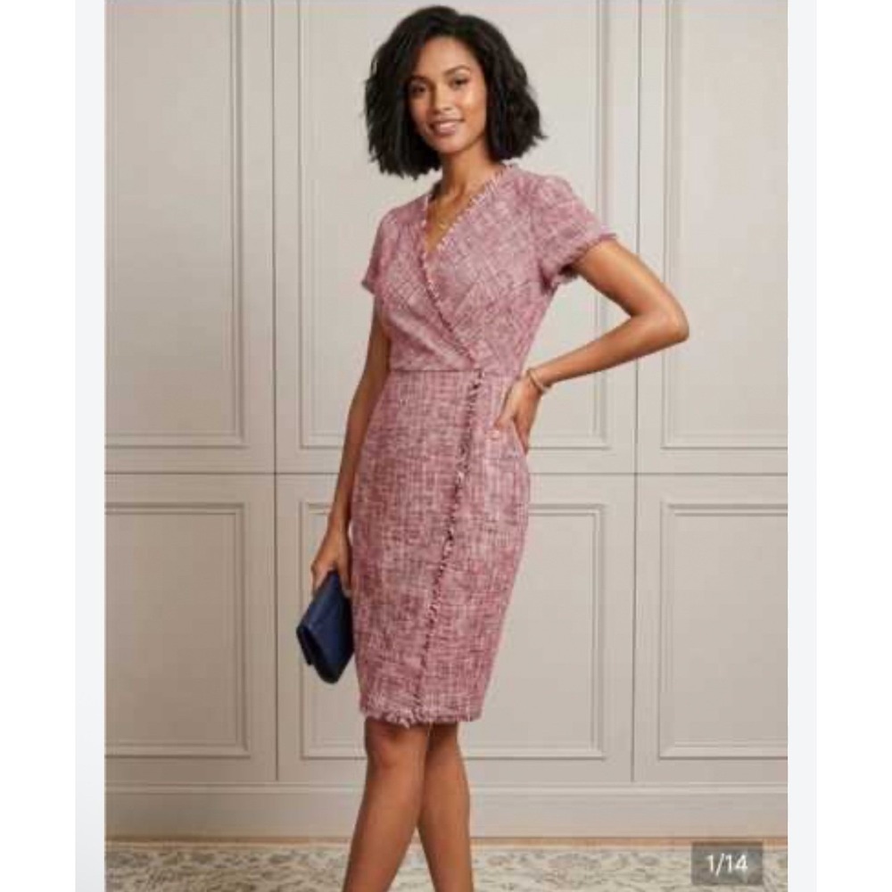 Banana Republic Pink Tweed Fringe V-Neck Sheath Dress Size 2 Professional Work